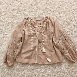 MANGO Boho Embroidered Peasant Beige Boho Tassel Blouse xs